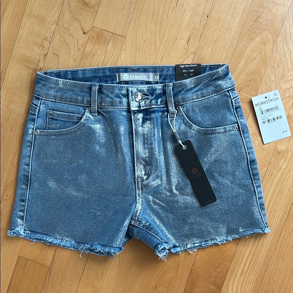 🩶14Jr High Rise Slim Fit Metallic Foil Fray Hem Denim Shorts by Tractr | Indigo - Picture 3 of 17